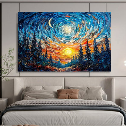 “Swirling Starry Forest” - Blue, Orange, Yellow, Abstract Starry Night Landscape Painting On Canvas HB1114