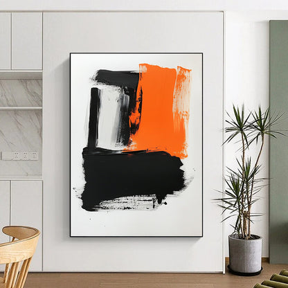 Contemporary hand-painted abstract artwork featuring a white background, vibrant orange and black hues, bold brush strokes, and striking negative space. DLZ0433
