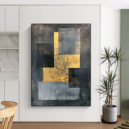 Gray, Black, Gold and White Geometric Fusion "Balanced Fusion" Painting On Canvas HB348