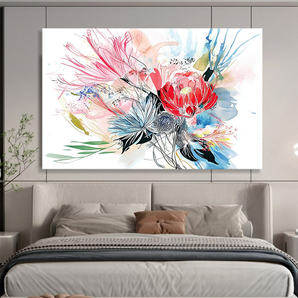 Watercolor Floral Burst - Delicate Mixed - Media Painting On Canvas HB0474