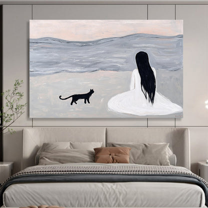 “Woman and Cat by the Sea” - A woman and a black cat sitting by the sea, Minimalist Figurative Painting On Canvas HB0554