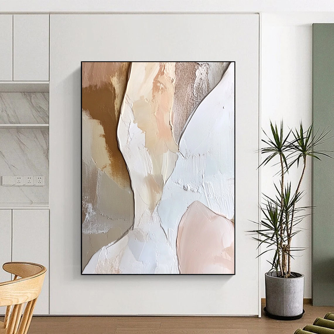 Contemporary abstract painting featuring a textured angelic figure in layered white and soft pink hues with neutral tones. Perfect for modern decor. DLZ1056