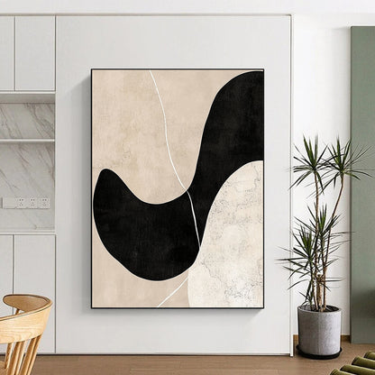 Contemporary abstract artwork featuring beige and black tones minimalist design hand-drawn lines soft edges balanced composition with depth and white line accents. DLZ0790