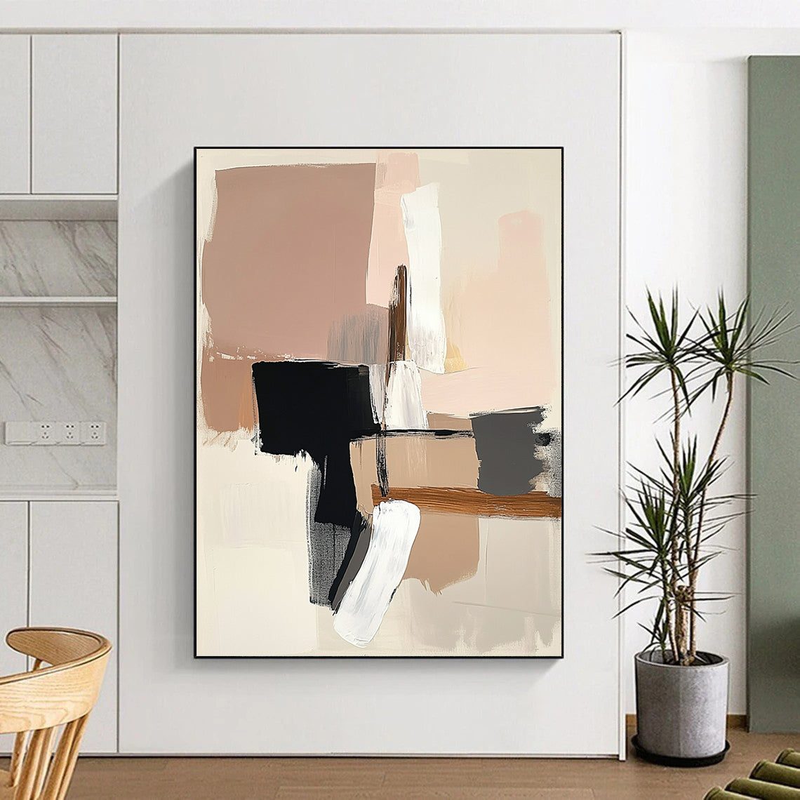 Contemporary abstract art featuring neutral tones soft pink and beige with white brush strokes and bold black lines on a beige background. DLZ1048