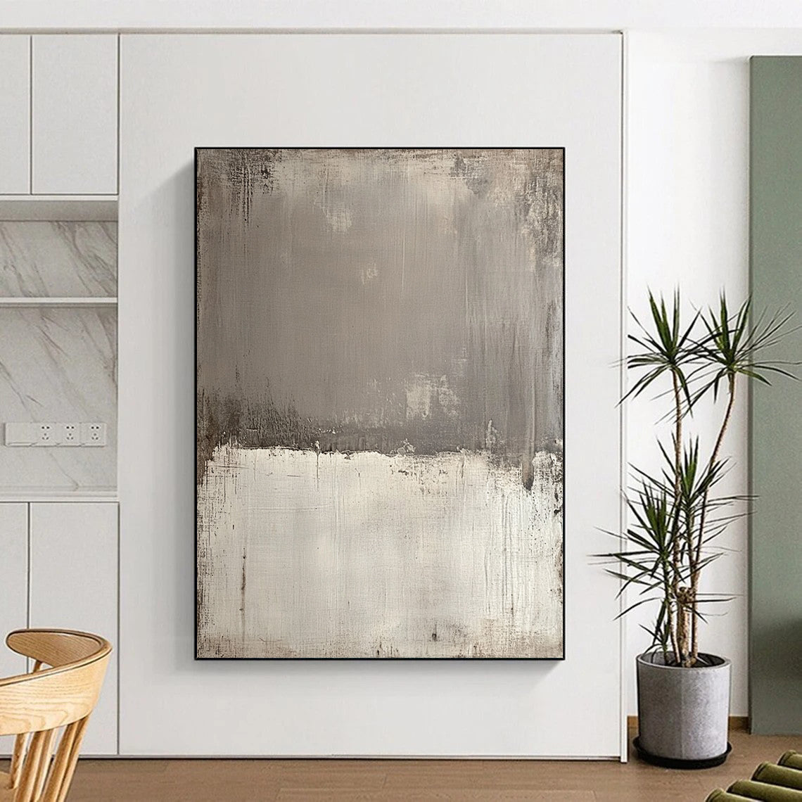 Contemporary hand-painted abstract canvas featuring textured gray tones with sepia edges and a bold white section for striking contrast and depth. DLZ1172
