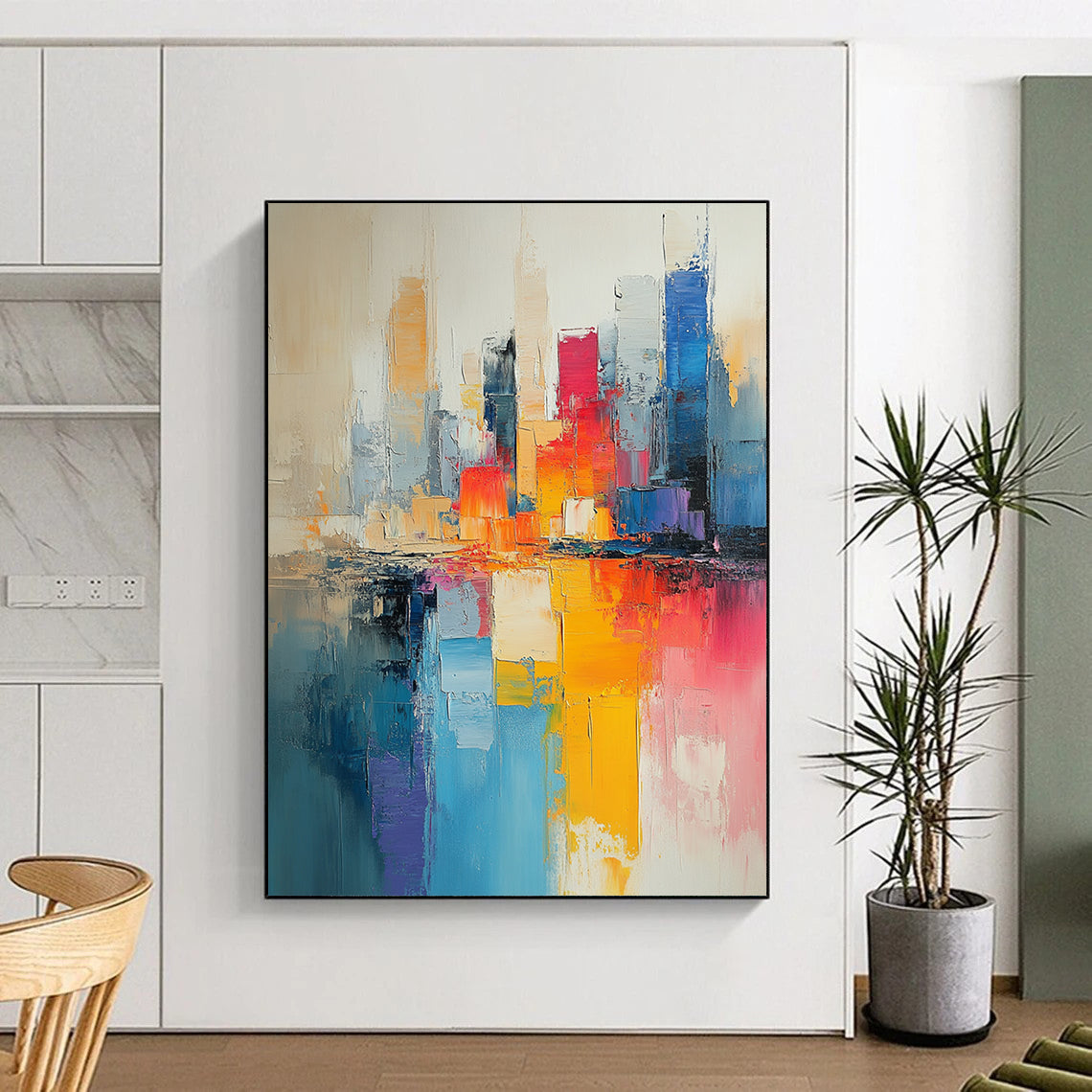 Contemporary hand-painted abstract art featuring a cityscape in muted beige and light blue tones with vibrant pinks yellows and expressive brushstrokes. DLZ0591