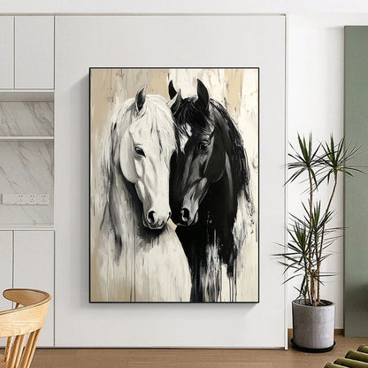 Contemporary large canvas painting featuring detailed black and white horses in love on a serene beige background with atmospheric brush strokes. DLZ1661