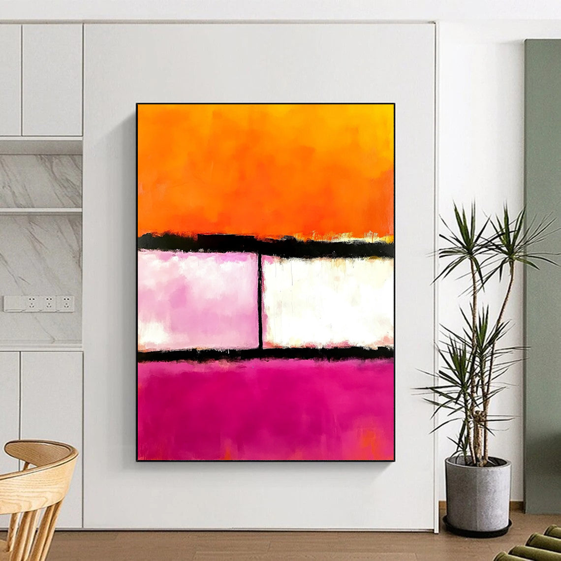 Contemporary hand-painted abstract art featuring pink orange and white hues with two striking black lines in the center. DLZ1441