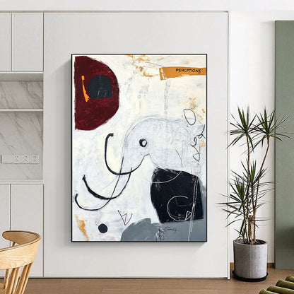 Contemporary hand-painted abstract art featuring an elephant in black lines and circles with a modern surrealistic style that evokes happiness. DLZ1071