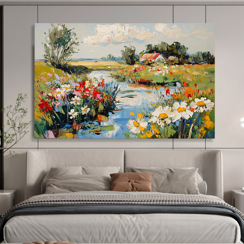 Charming Countryside Stream with Flowers - Idyllic Landscape Painting On Canvas HB0453