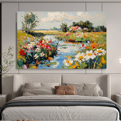 Charming Countryside Stream with Flowers - Idyllic Landscape Painting On Canvas HB0453