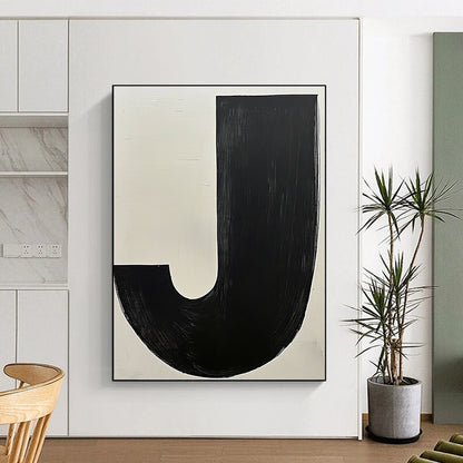 Contemporary hand-painted abstract art featuring bold black and white contrasts with a prominent beige J and a dark grey organic form. DLZ1342
