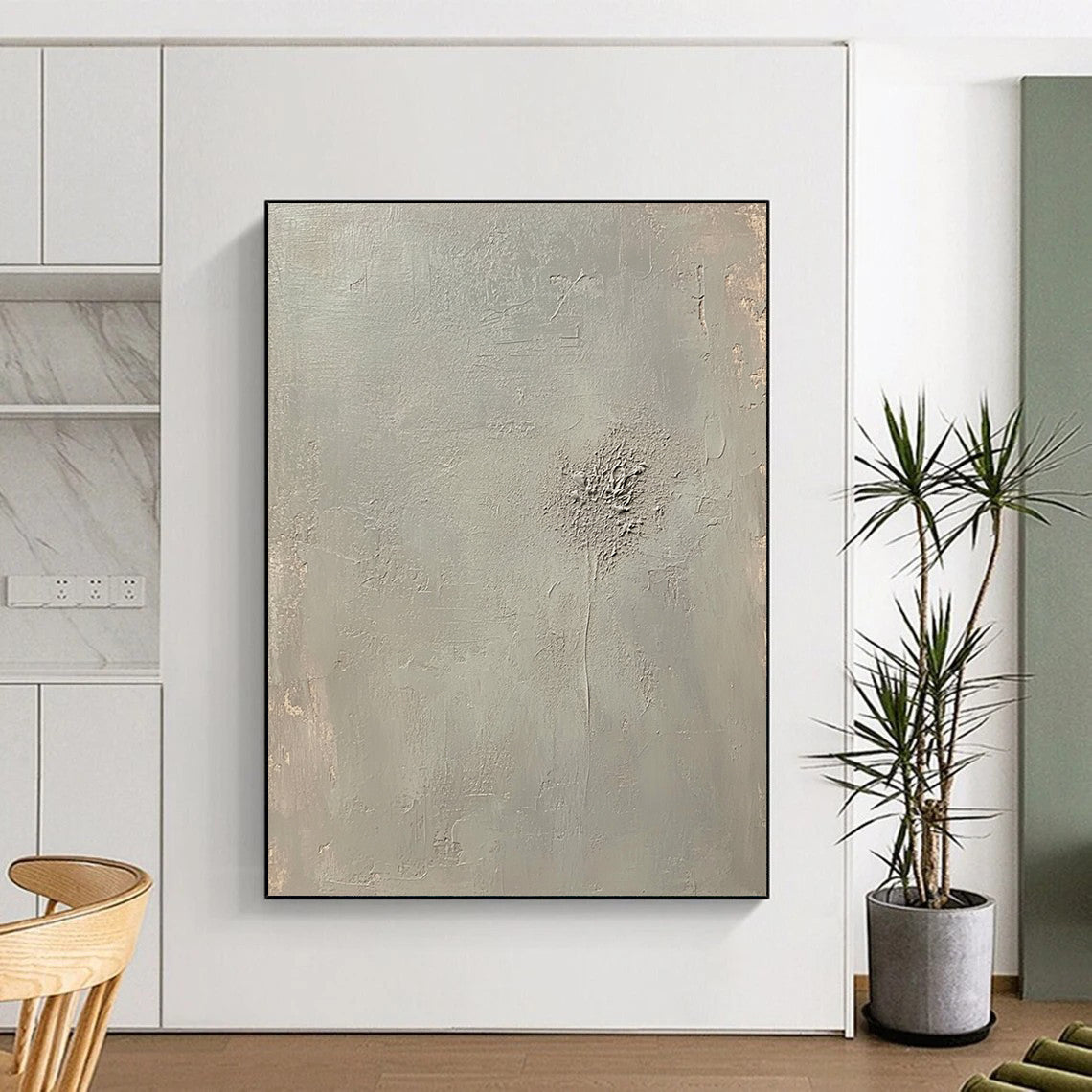 Contemporary abstract artwork featuring an empty light gray canvas with soft tones and faint embossed writing at the center. DLZ0576