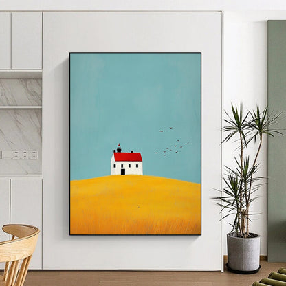 Contemporary abstract art showcasing a lighthouse, yellow fields, birds, and a white house with a red roof, conveying calmness and serenity. DLZ1298