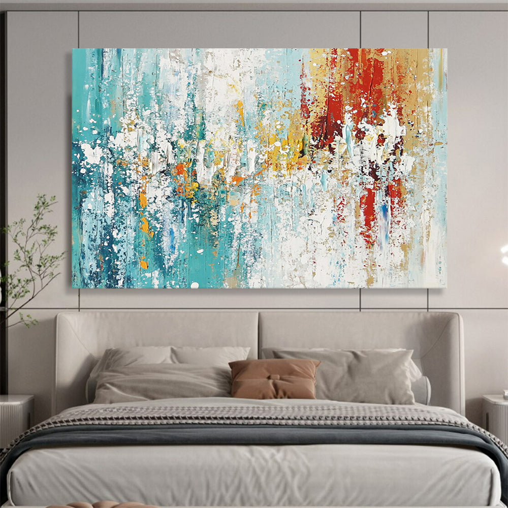 “Colorful Abstract Splash” - Teal, yellow, red, white; Abstract splash with vibrant colors; Acrylic Painting On Canvas HB1271