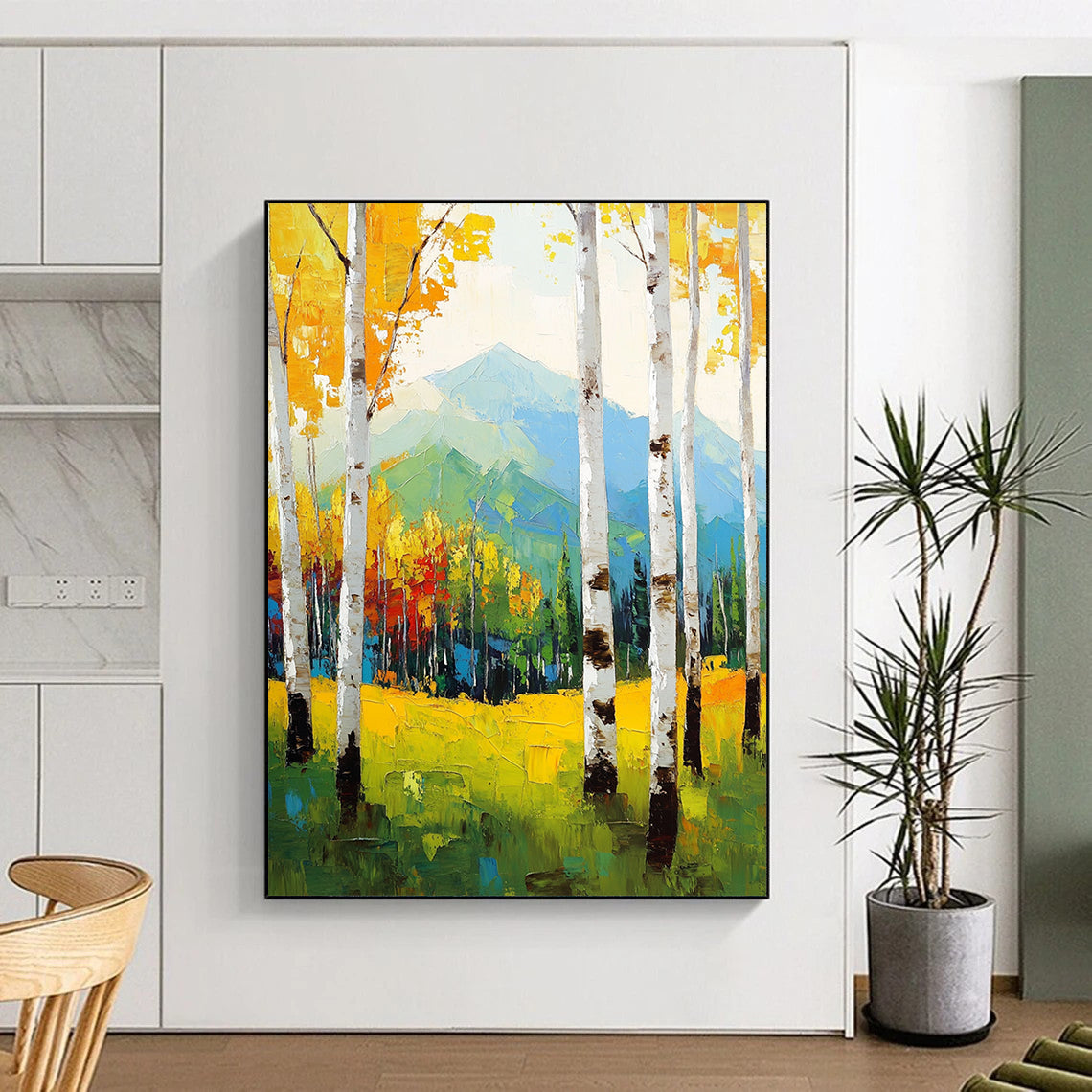 Large contemporary hand-painted abstract artwork featuring birch trees in vibrant spring colors against a mountain backdrop with expressive brushstrokes. DLZ1100