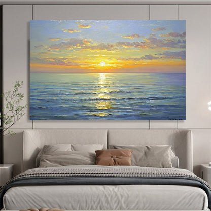 “Sunny Sea Sunset” - Bright Yellows, Oranges, Pinks, Blues, Colorful Ocean Sunset - Oil Painting HB1610