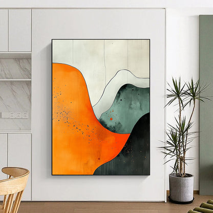 Contemporary hand-painted abstract art featuring orange white grey and black shapes with watercolor splashes on canvas texture in UHD quality. DLZ0803