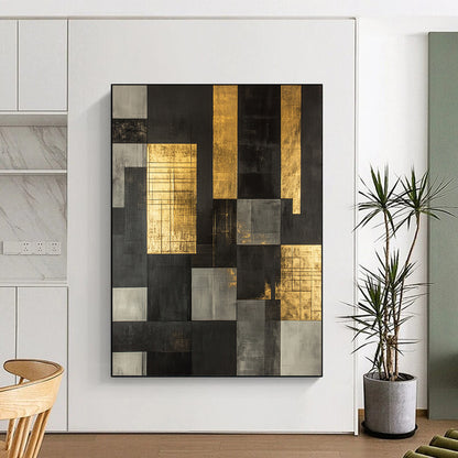Black, Gray, Gold with Grid Patterns "Structured Glow" Abstract Painting On Canvas HB008