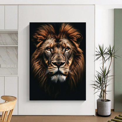 Contemporary abstract painting featuring a majestic lion portrait with realistic details against a dark background, perfect for modern decor. DLZ1590
