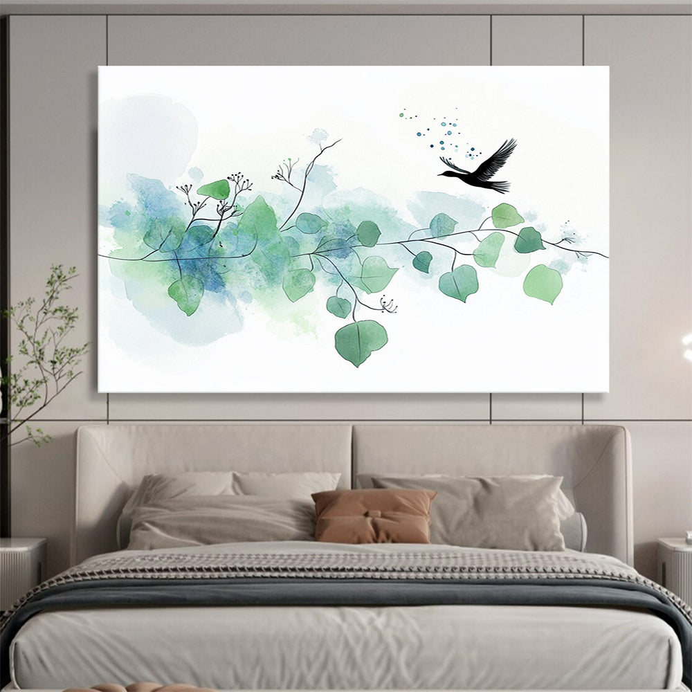 “Delicate Bird & Branches” - Green, Blue, Bird, Branches Painting On Canvas HB0762
