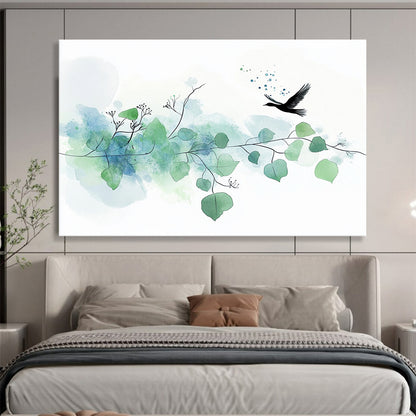 “Delicate Bird & Branches” - Green, Blue, Bird, Branches Painting On Canvas HB0762