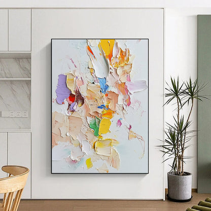 Contemporary abstract art featuring light pastels on white canvas with palette knife technique and assembled cut-out pieces for a unique textured effect. DLZ0882