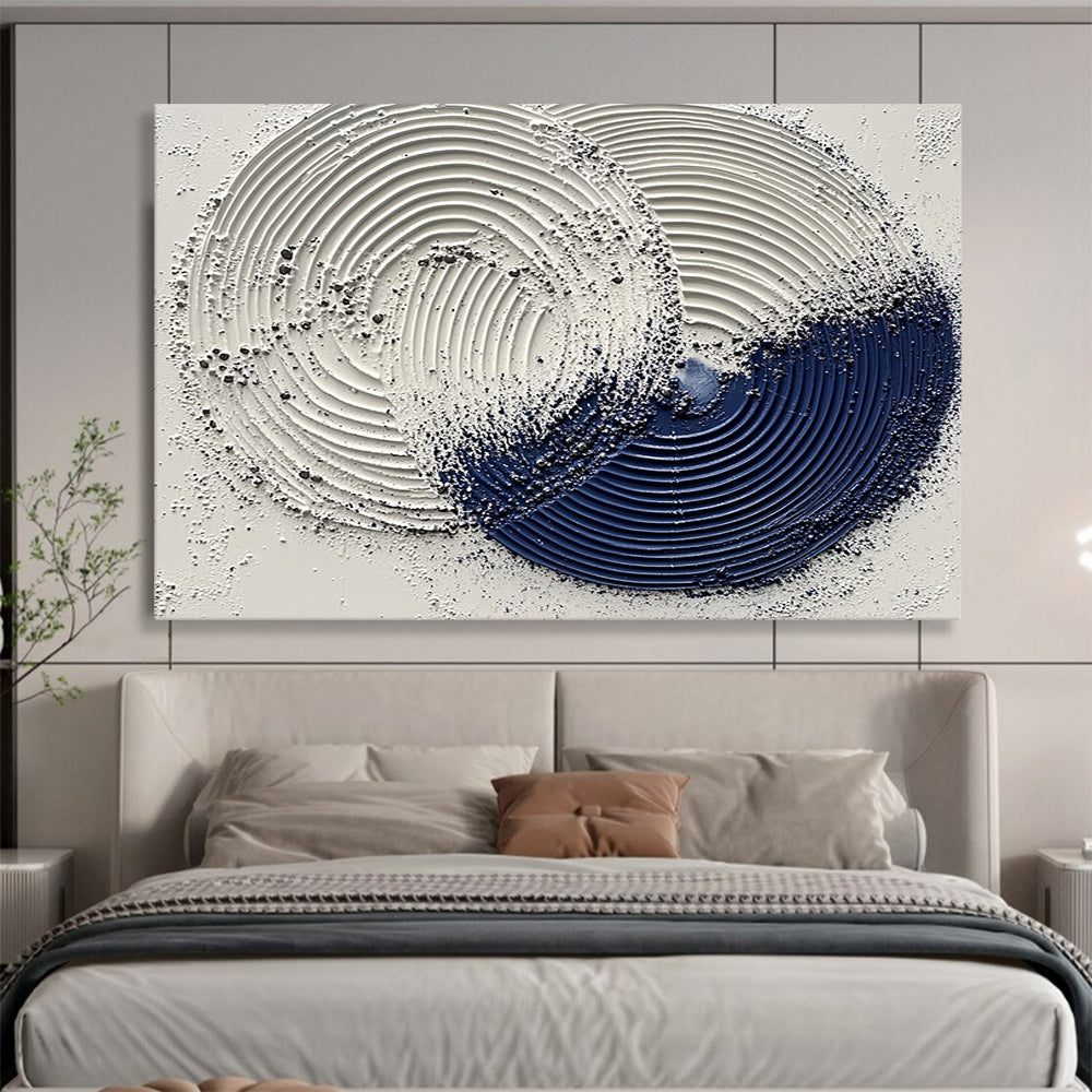 “Textured Circular Abstract” - White, Navy Blue with Raised Circles - Painting On Canvas HB1385