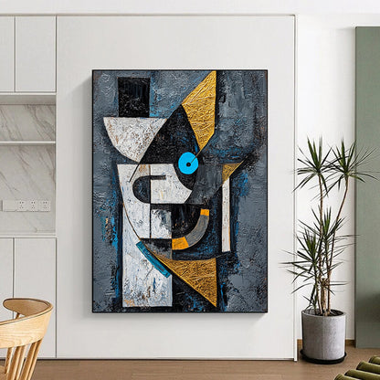 Gray, Black, White, Gold and Blue Cubist - Inspired "Abstract Portrait" Painting On Canvas HB319