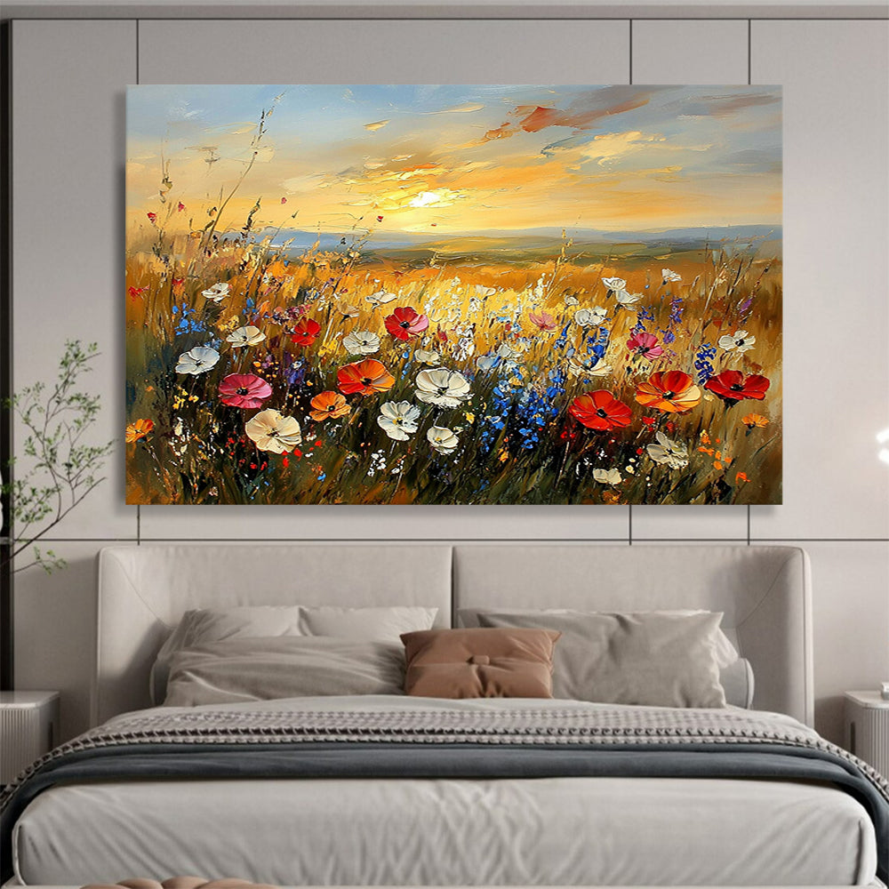 “Wildflower Meadow at Sunset” - Vivid Pinks, Purples, Yellows, Colorful Wildflower Field - Impressionist Oil Painting HB1687