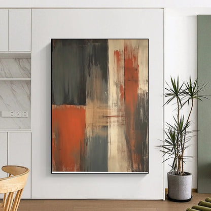 Contemporary hand-painted abstract art featuring a striking orange grey and beige vertical brushstroke on a dark gray background. DLZ1018