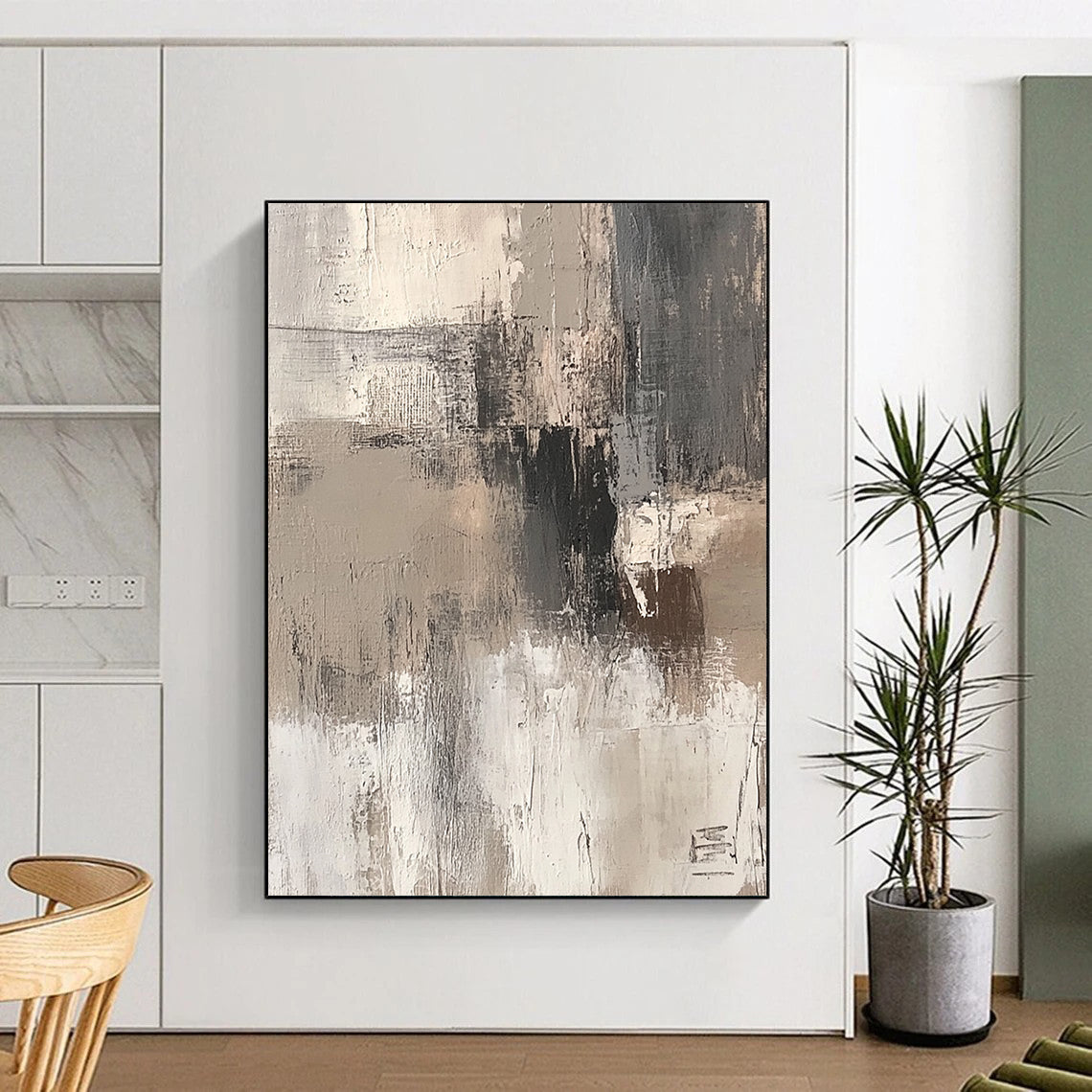 Contemporary hand-painted abstract art features beige and white brushstrokes on a textured gray background for a dreamy rustic charm. DLZ1133