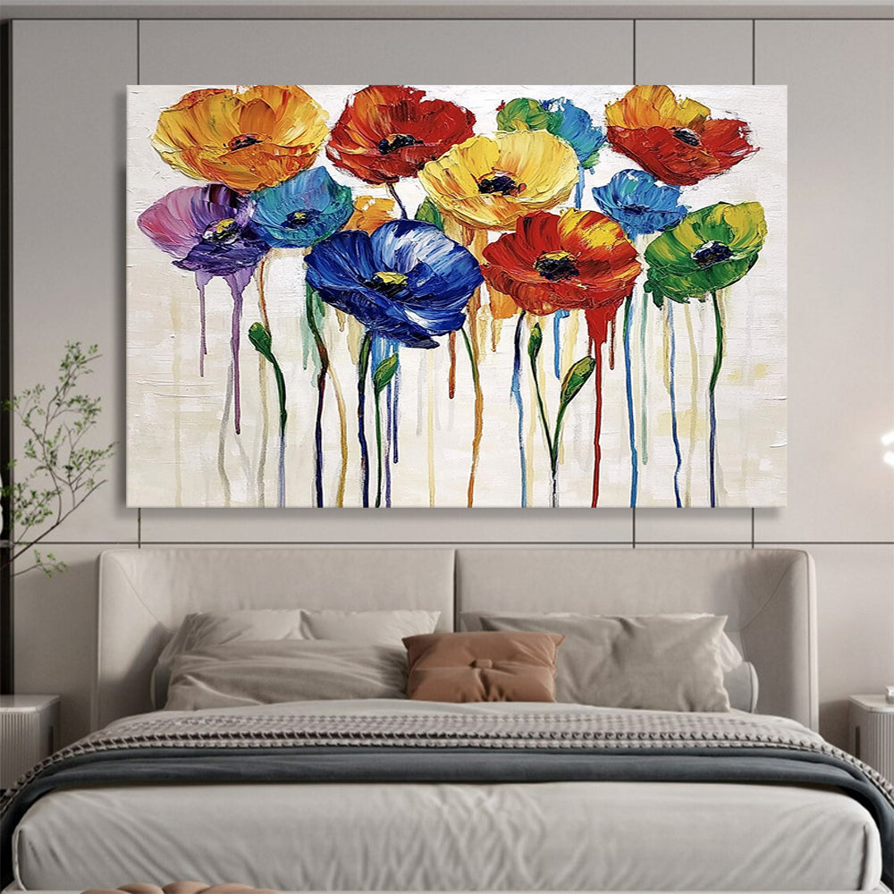 “Dripping Colorful Poppies” - Multicolor, Poppies, Dripping Paint Painting On Canvas HB0739