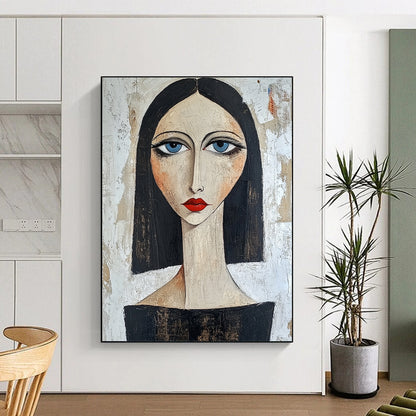 Contemporary hand-painted portrait showcasing confidence with blue eyes and red lips against a textured white backdrop featuring dark hair and a black top. DLZ1442