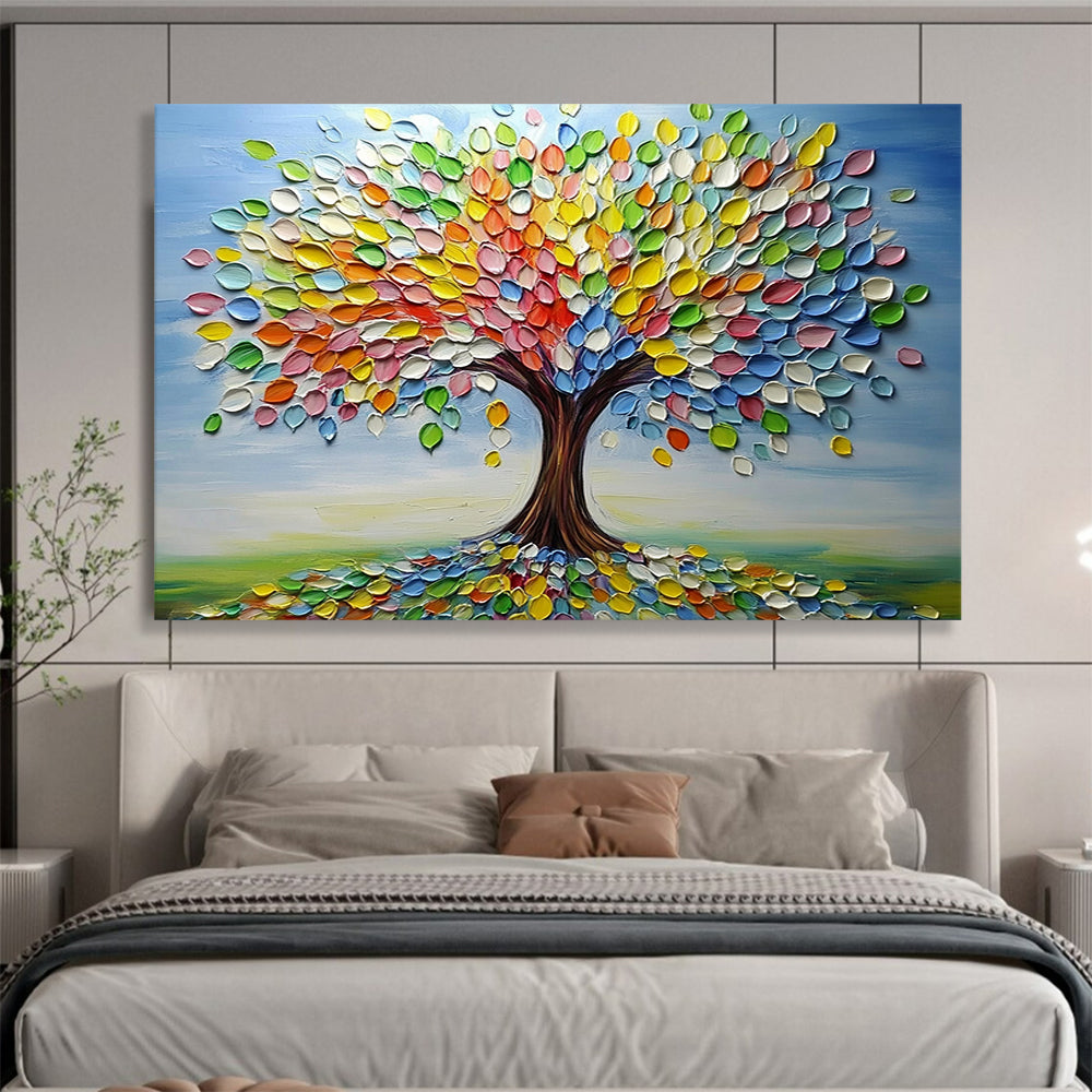 “Colorful Palette Tree” - Blue sky, multicolor leaves, textured trunk, 3D - Like Tree Painting On Canvas HB0593