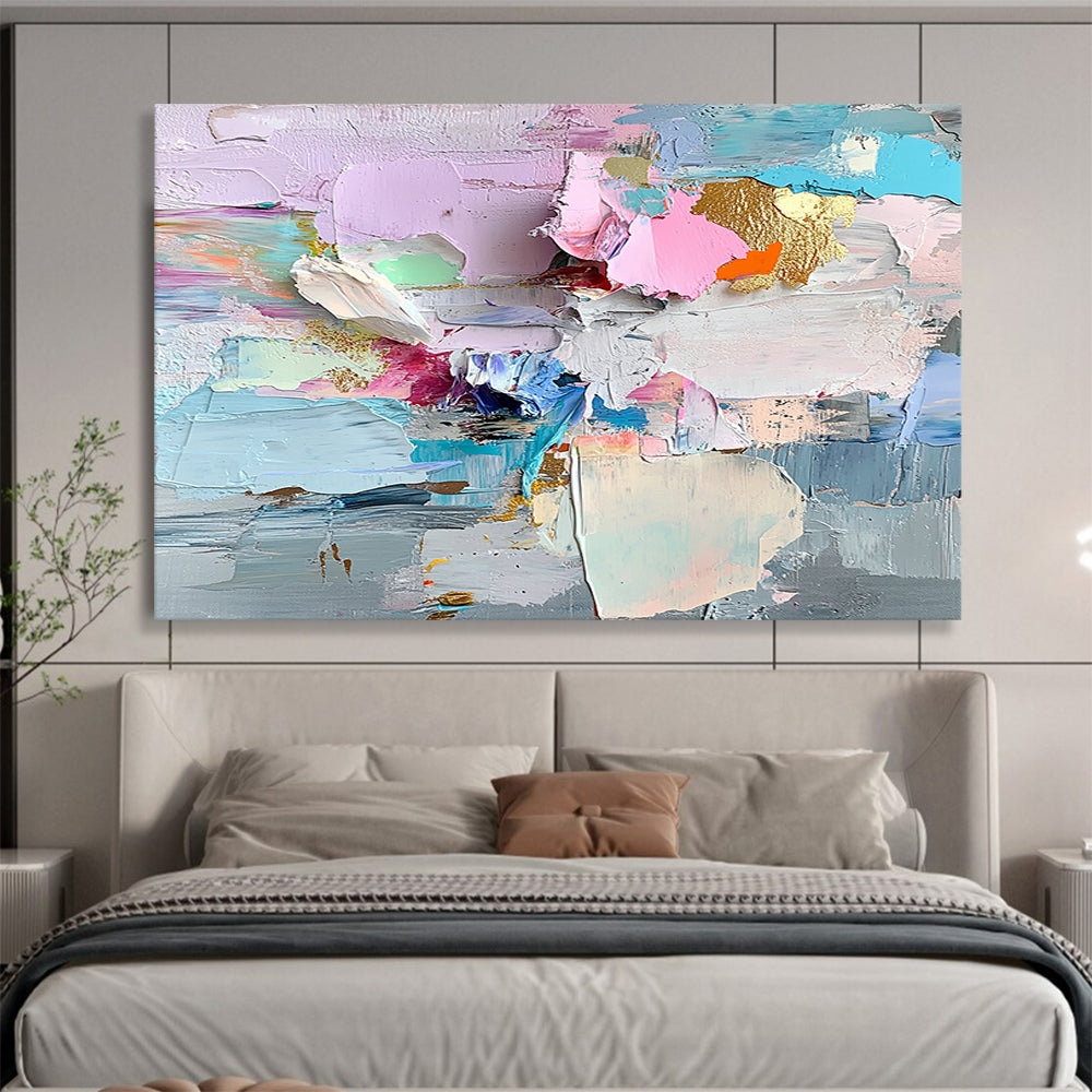 “Colorful Textured Abstract Collage” - Pink, Blue, Gold, Colorful textured abstract shapes - Impasto Oil Painting HB1794