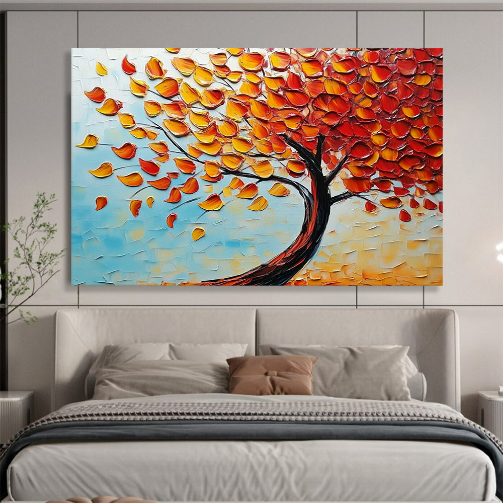 “Textured Autumn Tree” - Orange, Yellow, Red Leaves, Blue Sky, Palette Knife Landscape Painting On Canvas HB1100