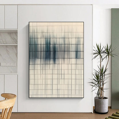 Contemporary hand-painted abstract art featuring woven lines in white and blue, symbolizing clean air and environmental awareness in a modern urban backdrop. DLZ1432