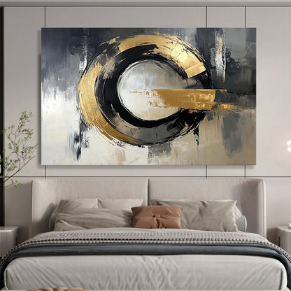“Gold - Black Circular Abstraction” - Gold, Black, Circular Textured Painting On Canvas HB0794