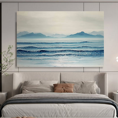 “Sparkling Sea and Distant Peaks” - Shades of Blue, White, Silver, Glittering Ocean and Mountains - Textured Oil Painting HB1612