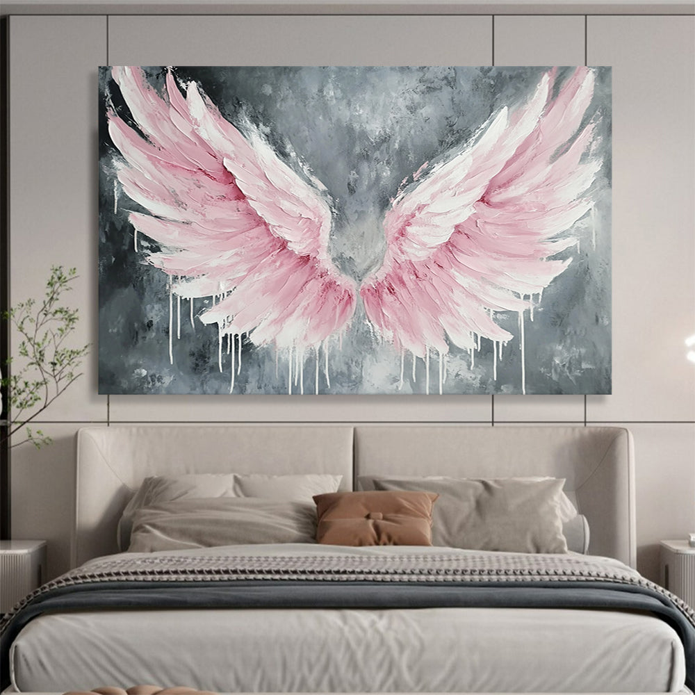 “Pink Winged Dreams” - Soft pinks, whites, grays; Textured angel wings, dripping paint; Contemporary Abstract Painting On Canvas HB1162
