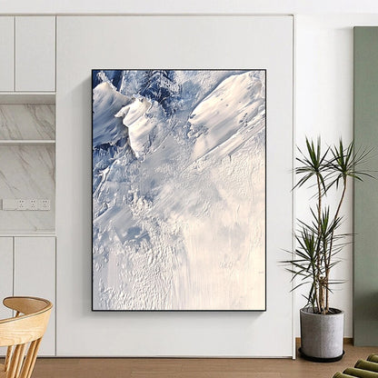 Contemporary abstract artwork features textured ice layers in shades of white and gray, evoking a cold atmosphere with intricate impasto details. DLZ0805