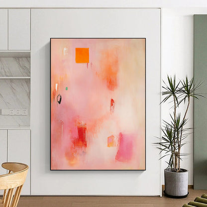 Contemporary hand-painted abstract artwork featuring soft pinks and oranges with organic brush strokes and vibrant yellow and red shapes. DLZ0926