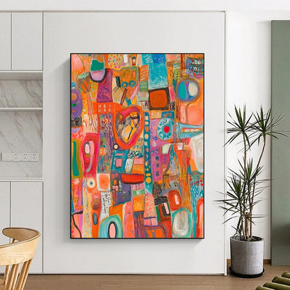 Vibrant contemporary hand-painted abstract art featuring diverse objects with intricate materials and details, offering a dynamic visual experience and rich textures. DLZ1492