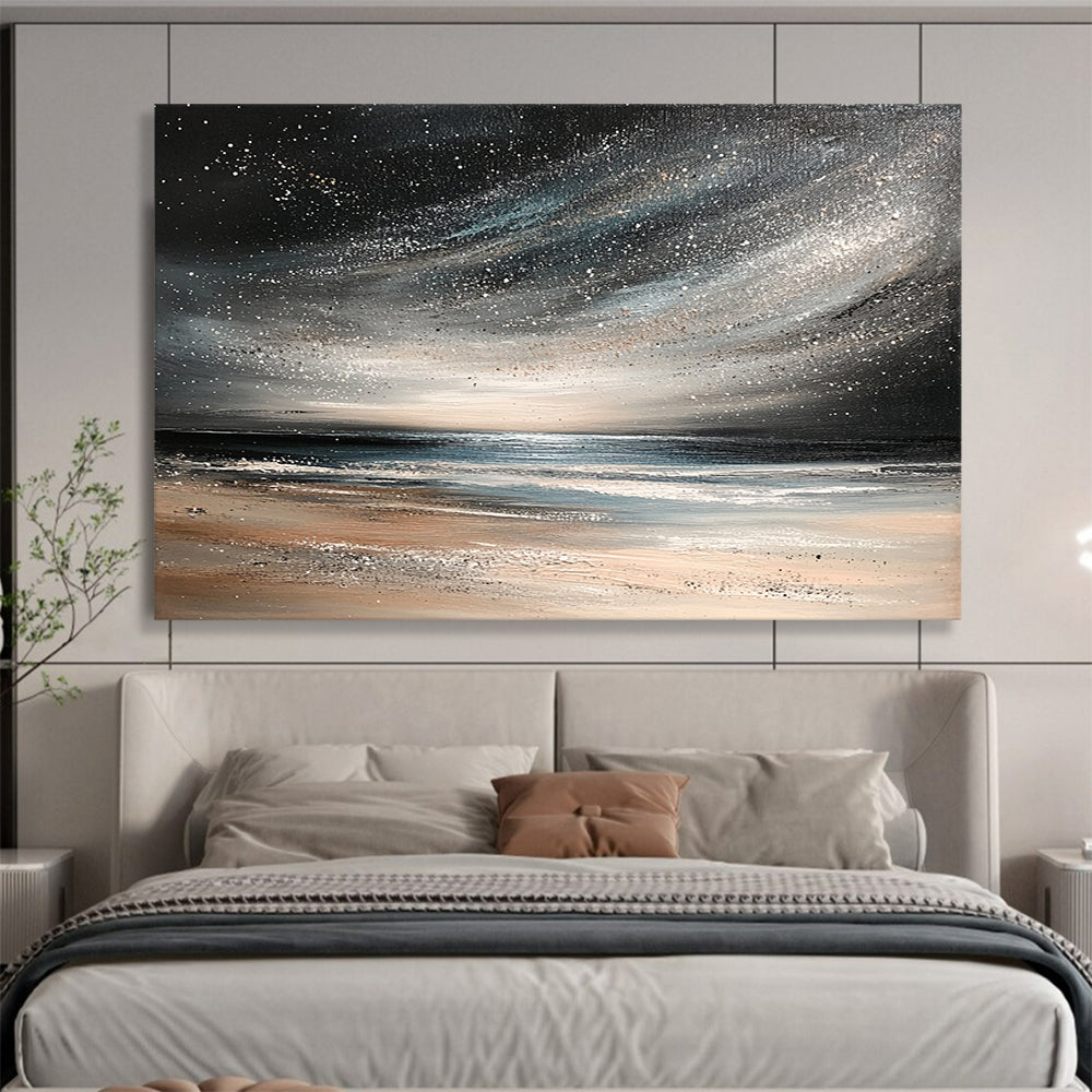 “Starry Night Beach” - Black, Silver, Beige, Celestial Seaside Scene Painting On Canvas HB1026