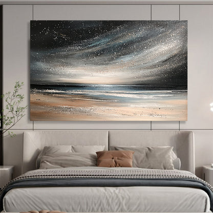 “Starry Night Beach” - Black, Silver, Beige, Celestial Seaside Scene Painting On Canvas HB1026