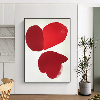 Contemporary hand-painted abstract art featuring two red hearts on a minimalistic white background inspired by Eric Carle and Jean Arp. DLZ1720