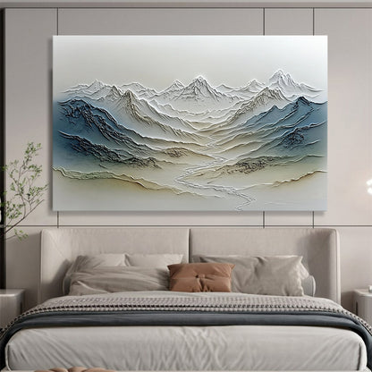 “Textured Mountain Range Relief” - Gray, Blue, Beige, Textured Landscape Painting On Canvas HB0774