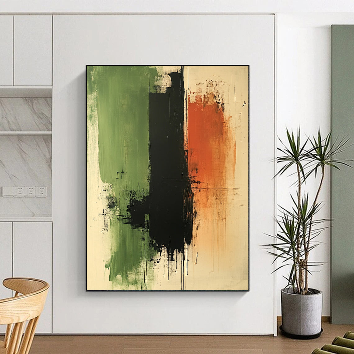 Contemporary abstract artwork featuring calming green black and brown tones oil on paper with canvas texture ideal for meditative spaces DLZ1328