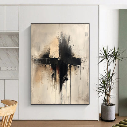 Large contemporary hand-painted abstract artwork featuring a cross in neutral tones with drips splashes and thin lines on a white background. DLZ0593
